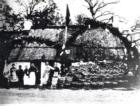 Thatched cottage with baskets of fruit outside.